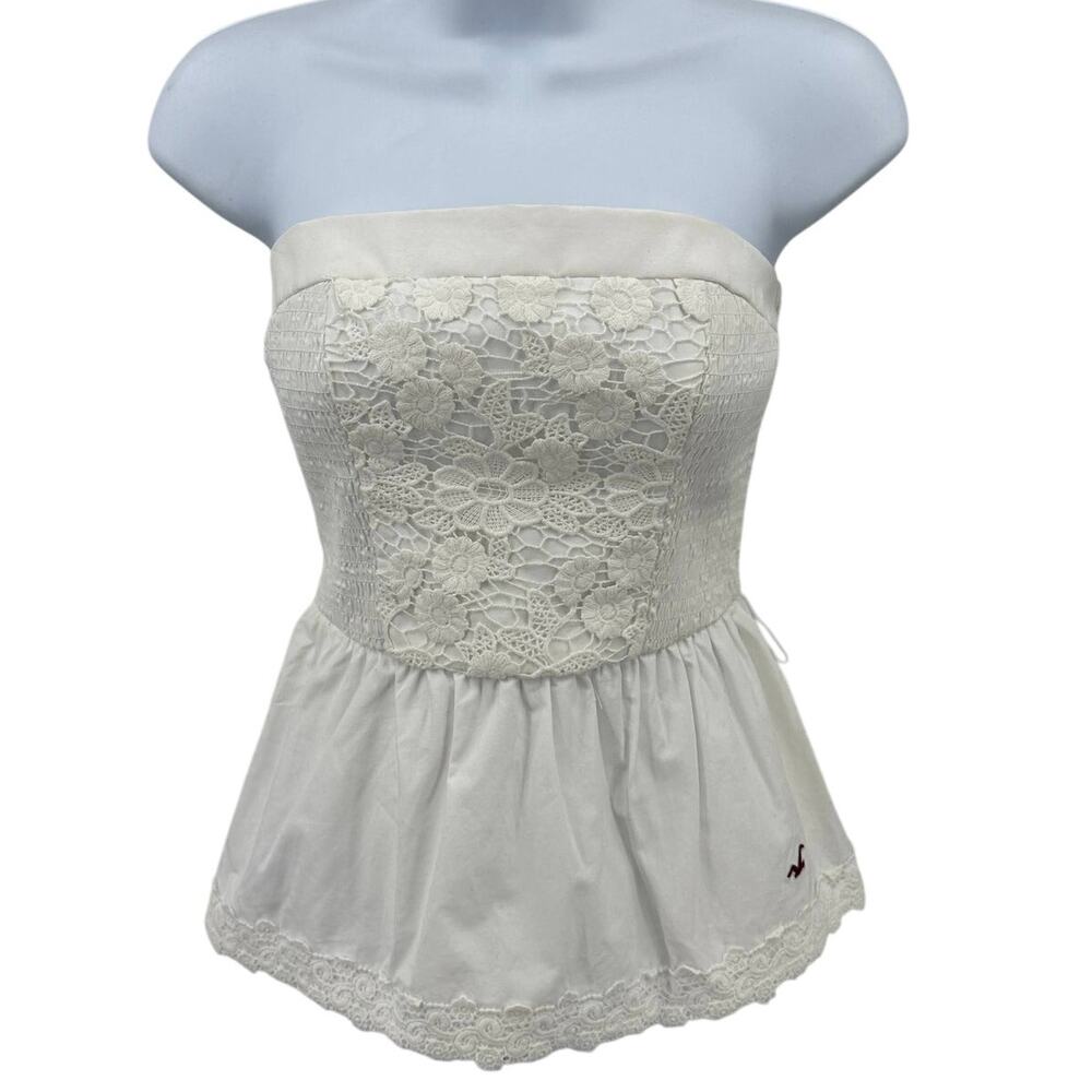 Hollister Tube Top SZ S White Floral Crochet Lace Peplum Smocked Pull On Cotton